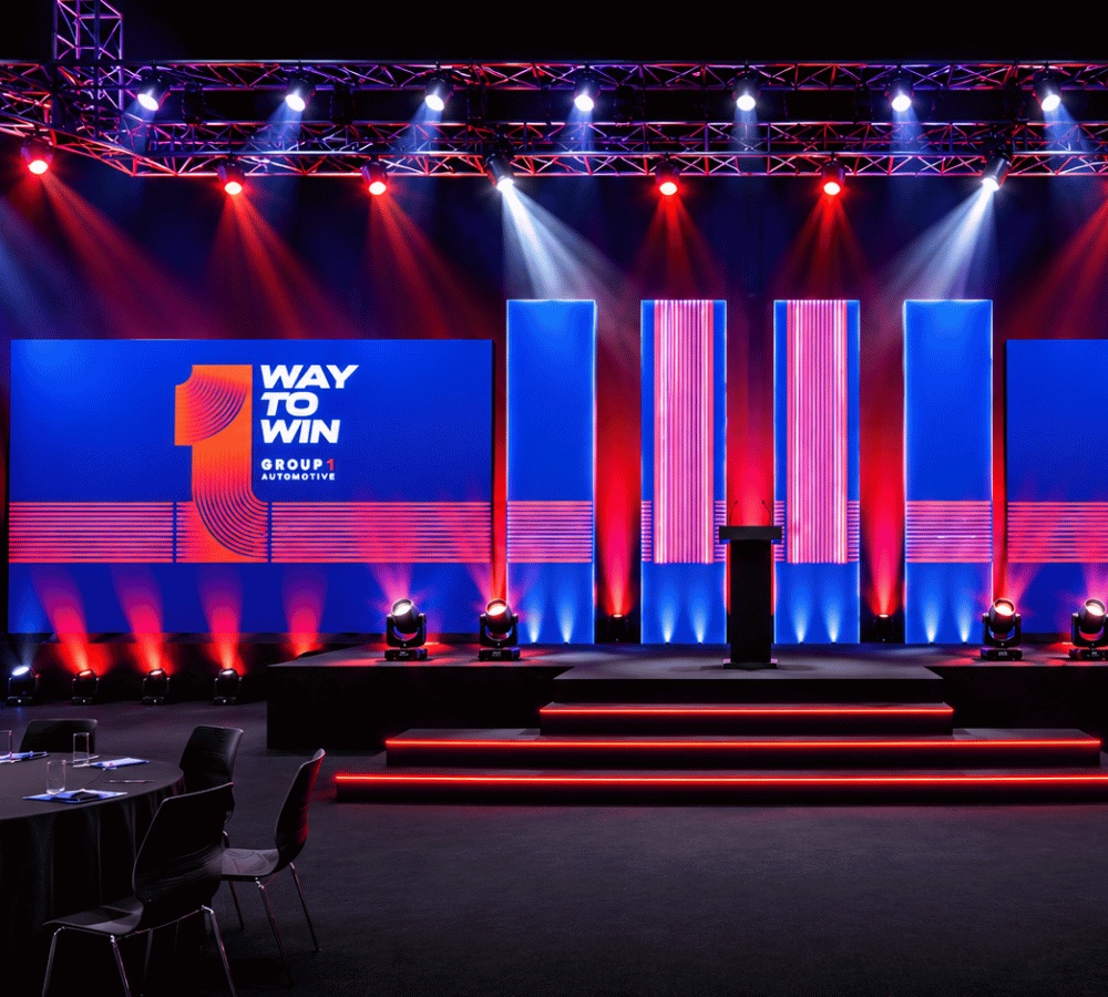 3D mockup of Group 1 Auto UK conference stage