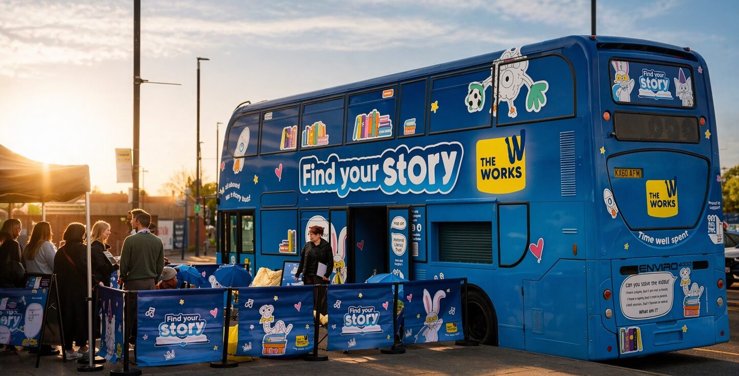 The Works: 'Find your Story' Bus outside with queue of attendees ready to find their story