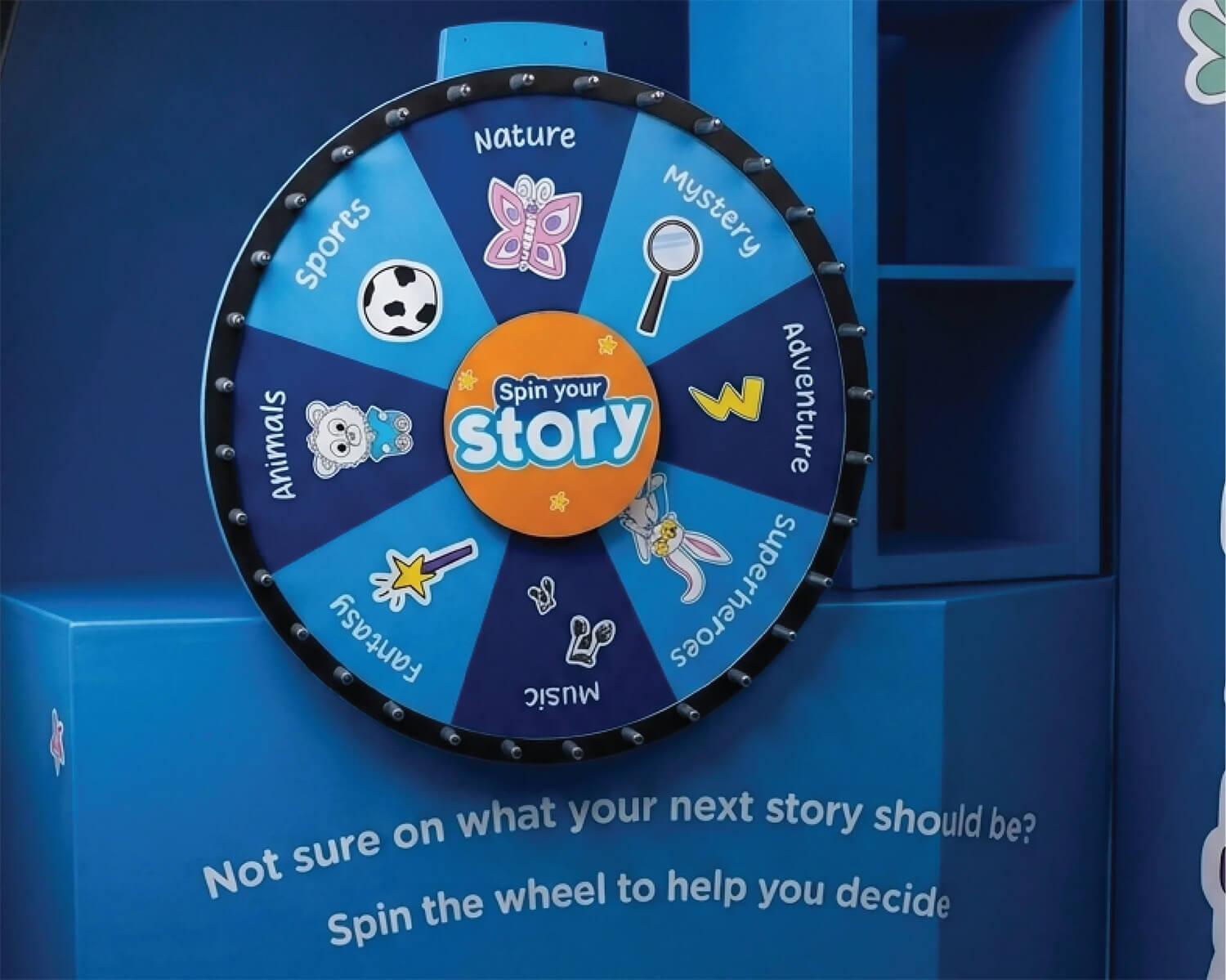 Branded The Works pin the wheel with different story categories