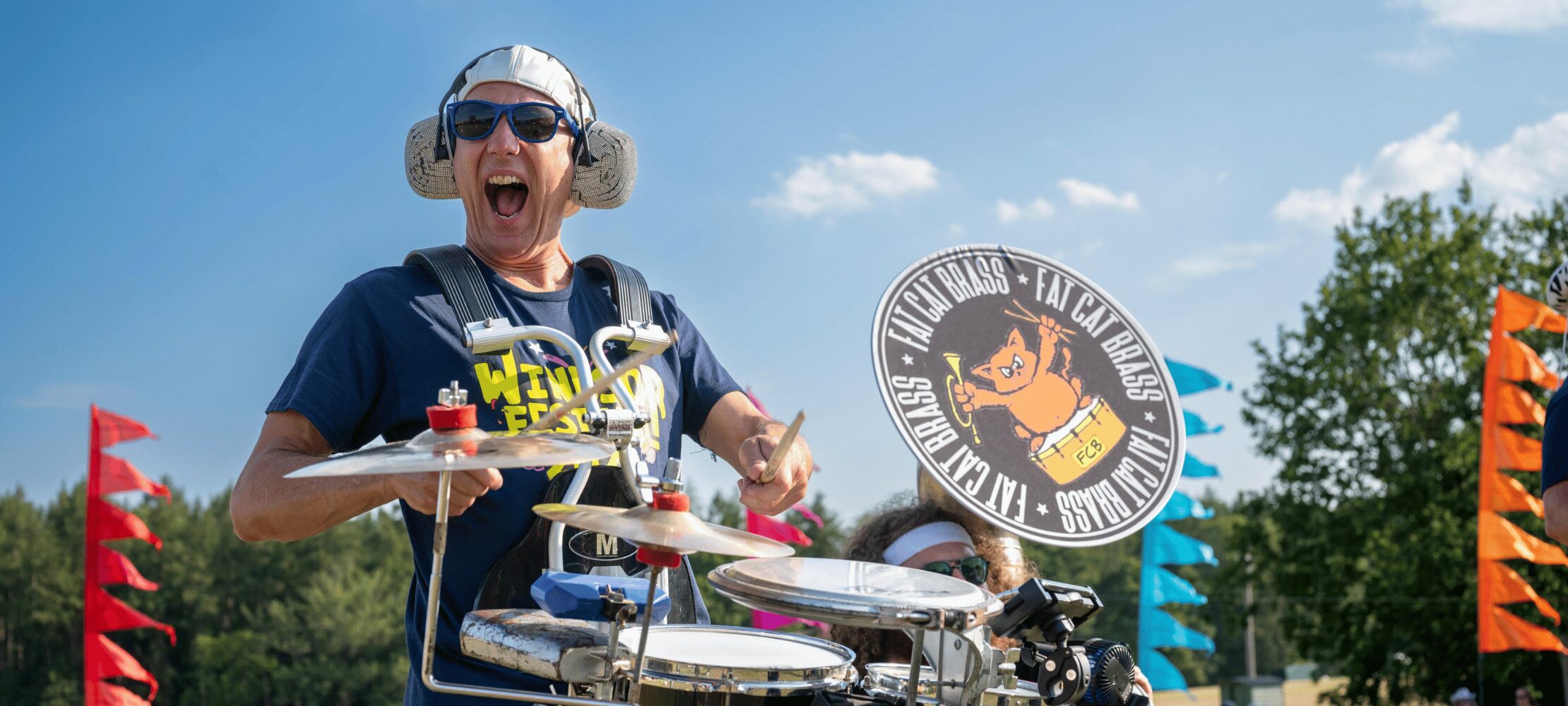 Festival entertainer performing on a mobile drum kit at the Windsor Festival